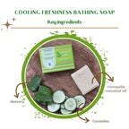 Earthy Sapo Cooling Freshness Bathing Soap with aloe vera, cucumber and citronella essential oil highlighted as key ingredients