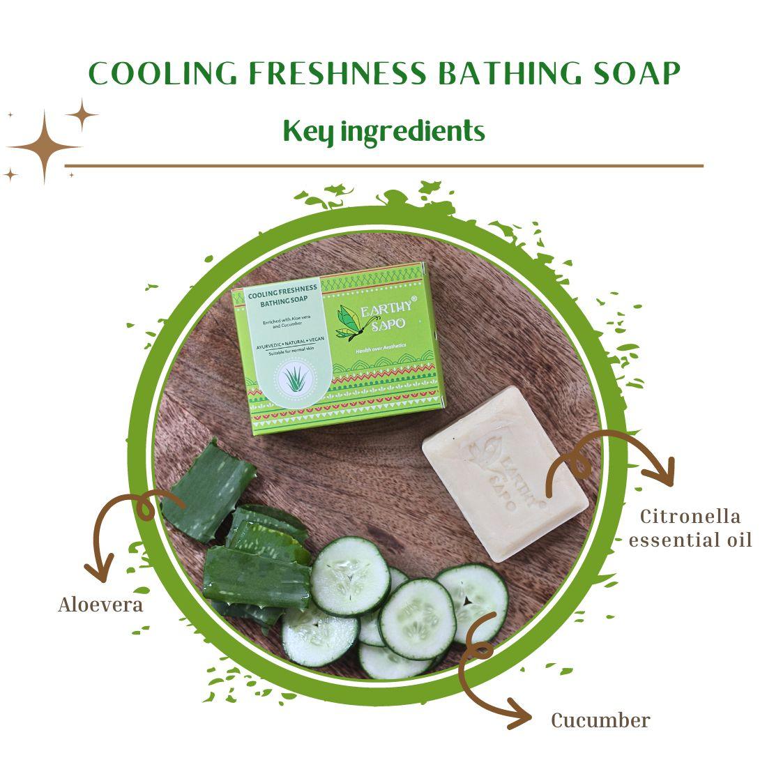 Earthy Sapo Cooling Freshness Bathing Soap with aloe vera, cucumber and citronella essential oil highlighted as key ingredients