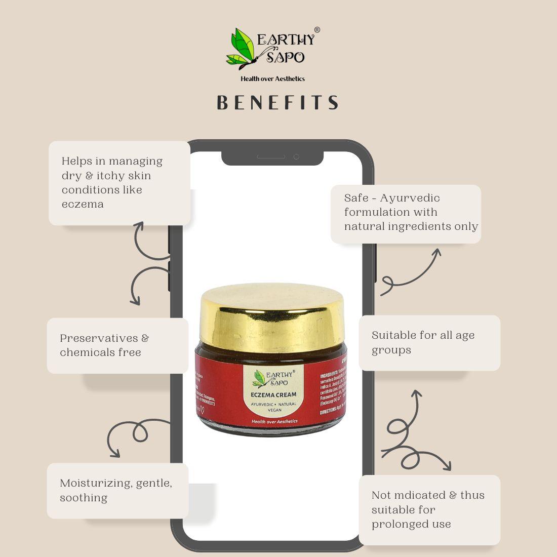 Earthy Sapo Eczema Cream with Ayurvedic natural ingredients for moisturizing and soothing dry, itchy skin