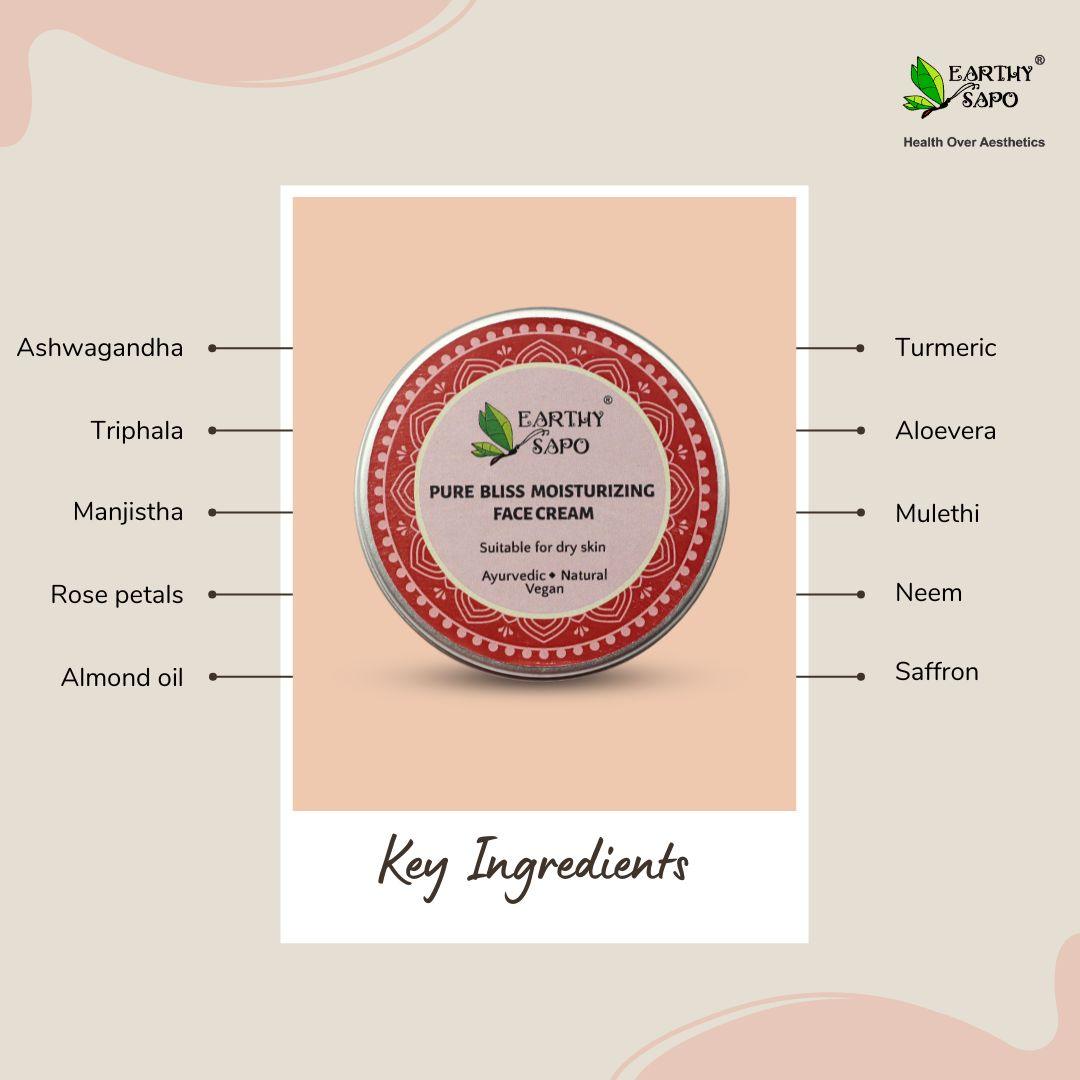 Earthy Sapo Pure Bliss Moisturizing Face Cream with Ayurvedic ingredients including ashwagandha, triphala, manjistha, aloe vera, turmeric, neem and saffron.