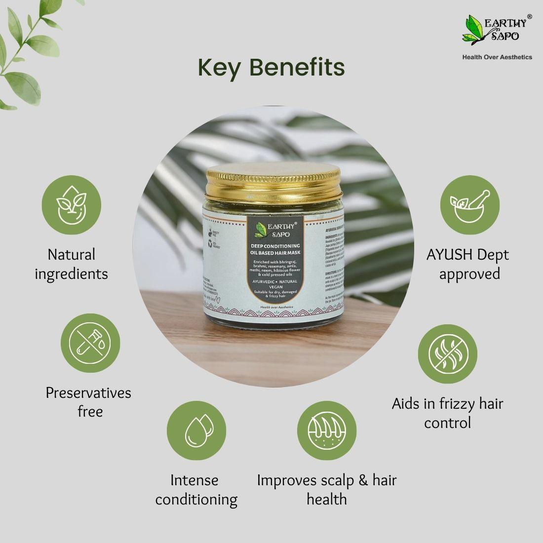 Earthy Sapo Deep Conditioning Oil Based Hair Mask highlighting key benefits including natural ingredients, preservative-free formulation, intense conditioning, frizz control, and improved scalp and hair health