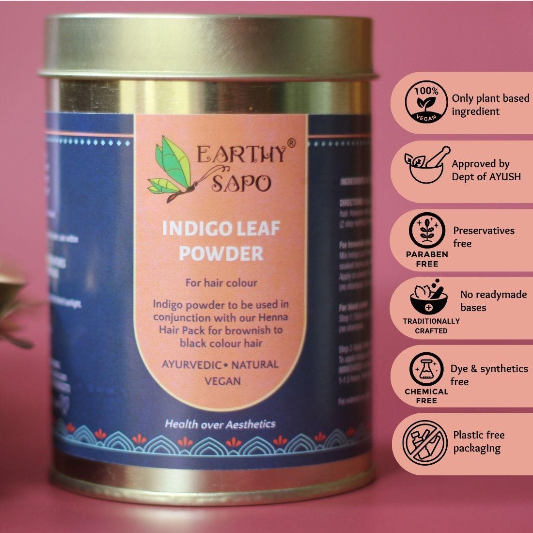 Earthy Sapo Indigo Leaf Powder with vegan, Ayurvedic and preservative-free natural hair colour formulation