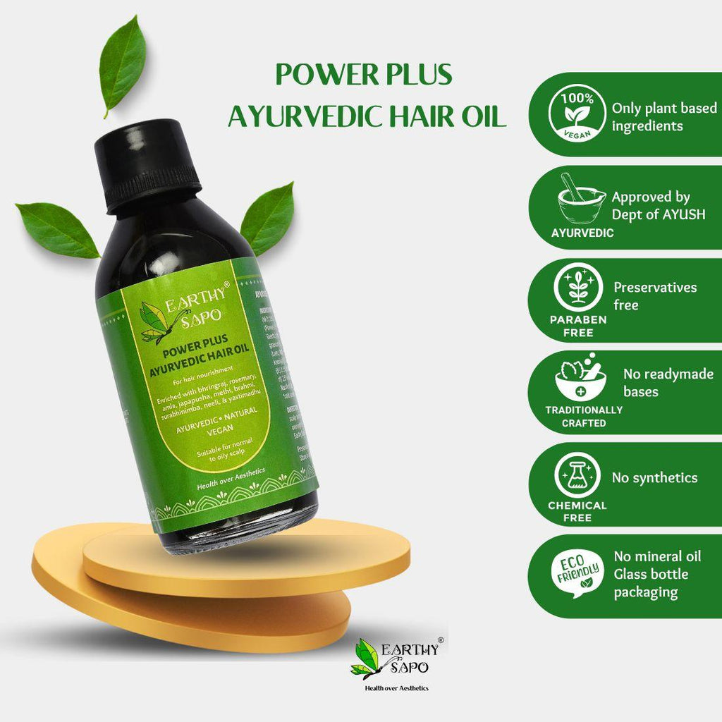 Earthy Sapo Power Plus Ayurvedic Hair Oil with plant-based ingredients, traditional Ayurvedic formulation and eco-friendly packaging.