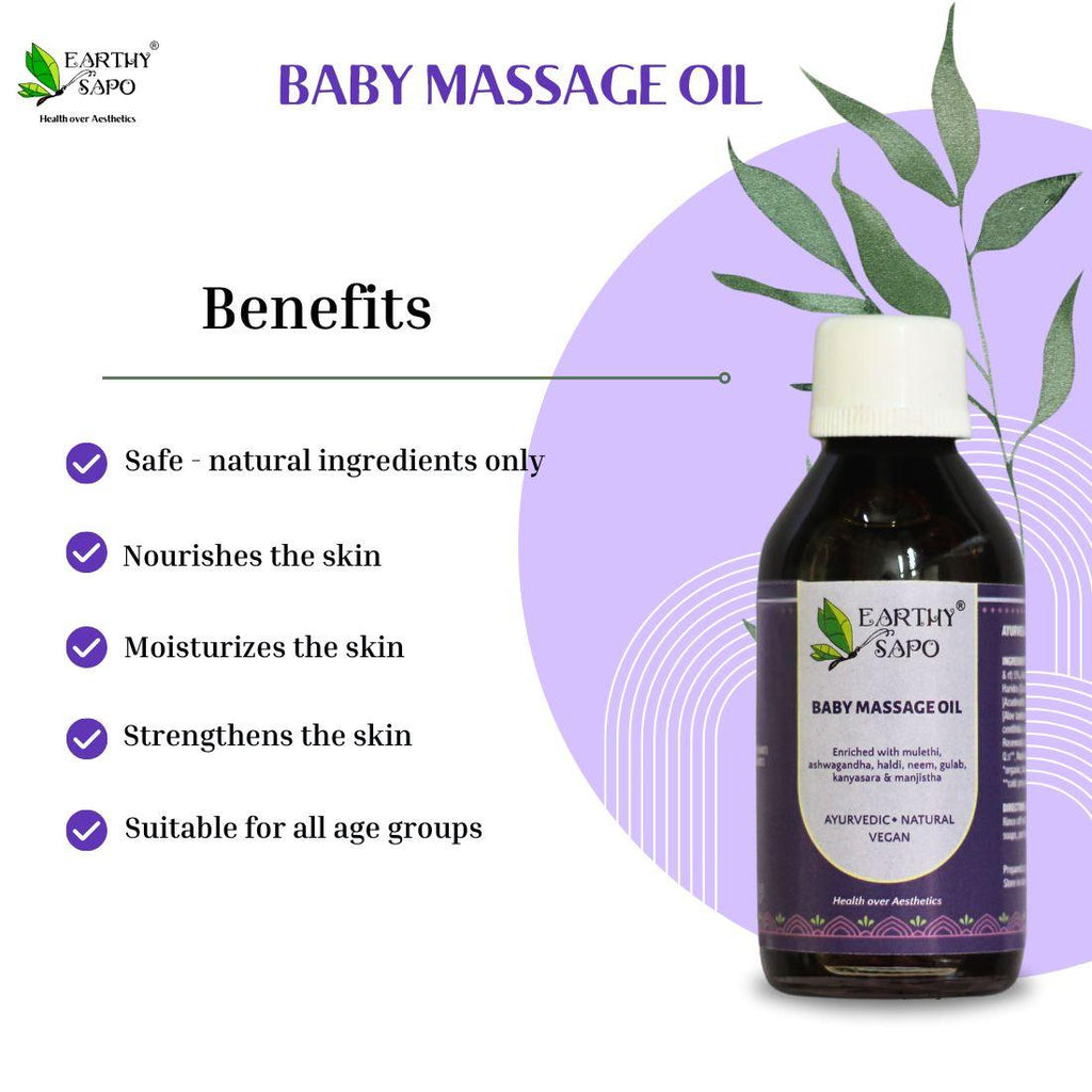 Earthy Sapo Baby Massage Oil with plant-based Ayurvedic ingredients, preservative-free and chemical-free formulation