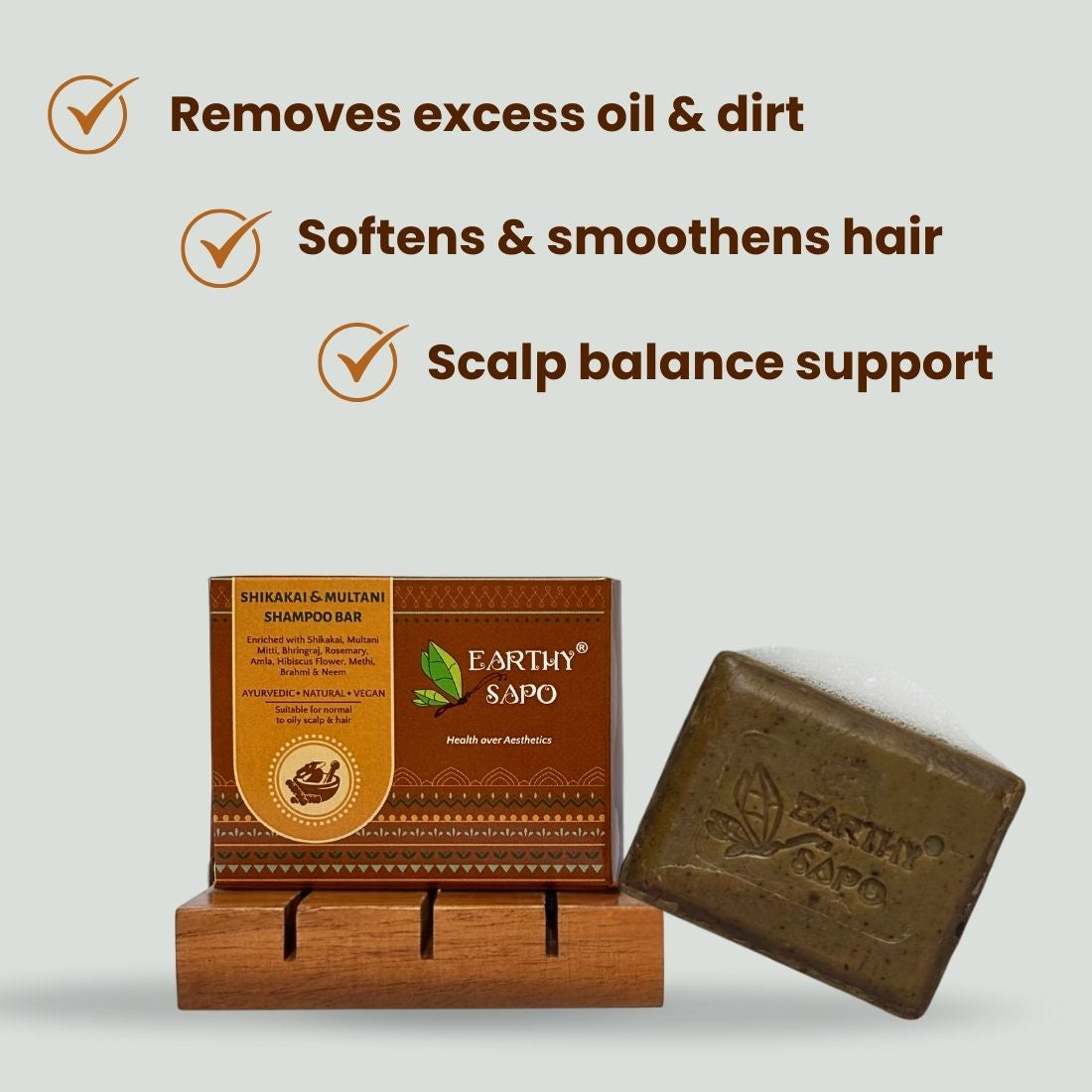 Earthy Sapo Shikakai & Multani Shampoo Bar for removing excess oil, smoothing hair and supporting scalp balance.