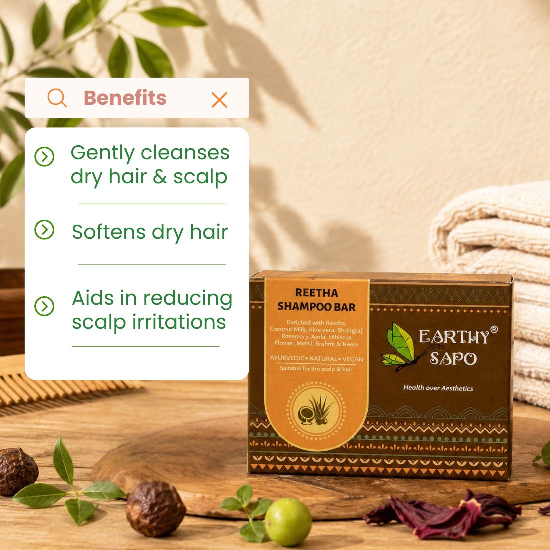 Earthy Sapo Reetha Shampoo Bar for dry hair and scalp, gentle cleansing, softness and scalp care.
