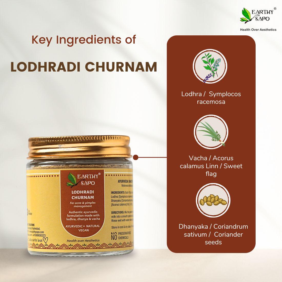 Earthy Sapo Lodhradi Churnam with Lodhra, Vacha and Dhanyaka Ayurvedic ingredients