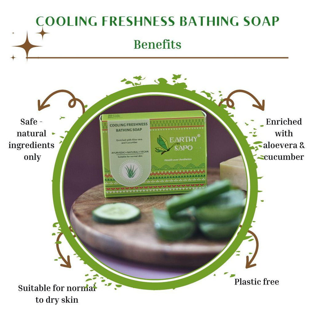 Earthy Sapo Cooling Freshness Bathing Soap benefits, enriched with aloe vera and cucumber, suitable for normal to dry skin