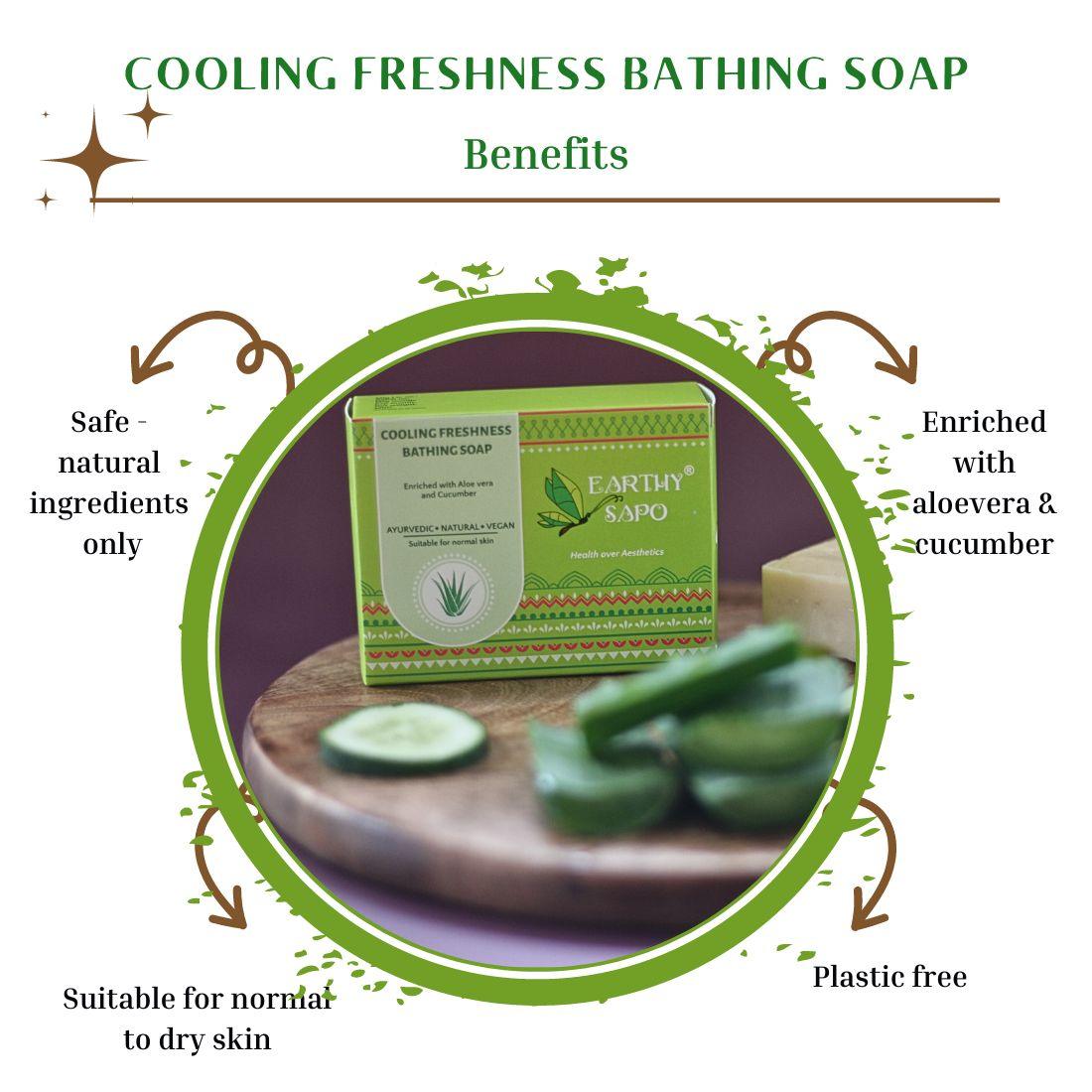 Earthy Sapo Cooling Freshness Bathing Soap benefits, enriched with aloe vera and cucumber, suitable for normal to dry skin