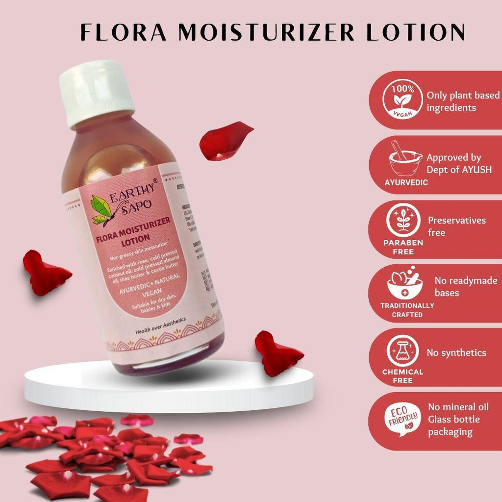Earthy Sapo Flora Moisturizer Lotion with plant-based ingredients, Ayurvedic formulation and preservative-free glass bottle packaging