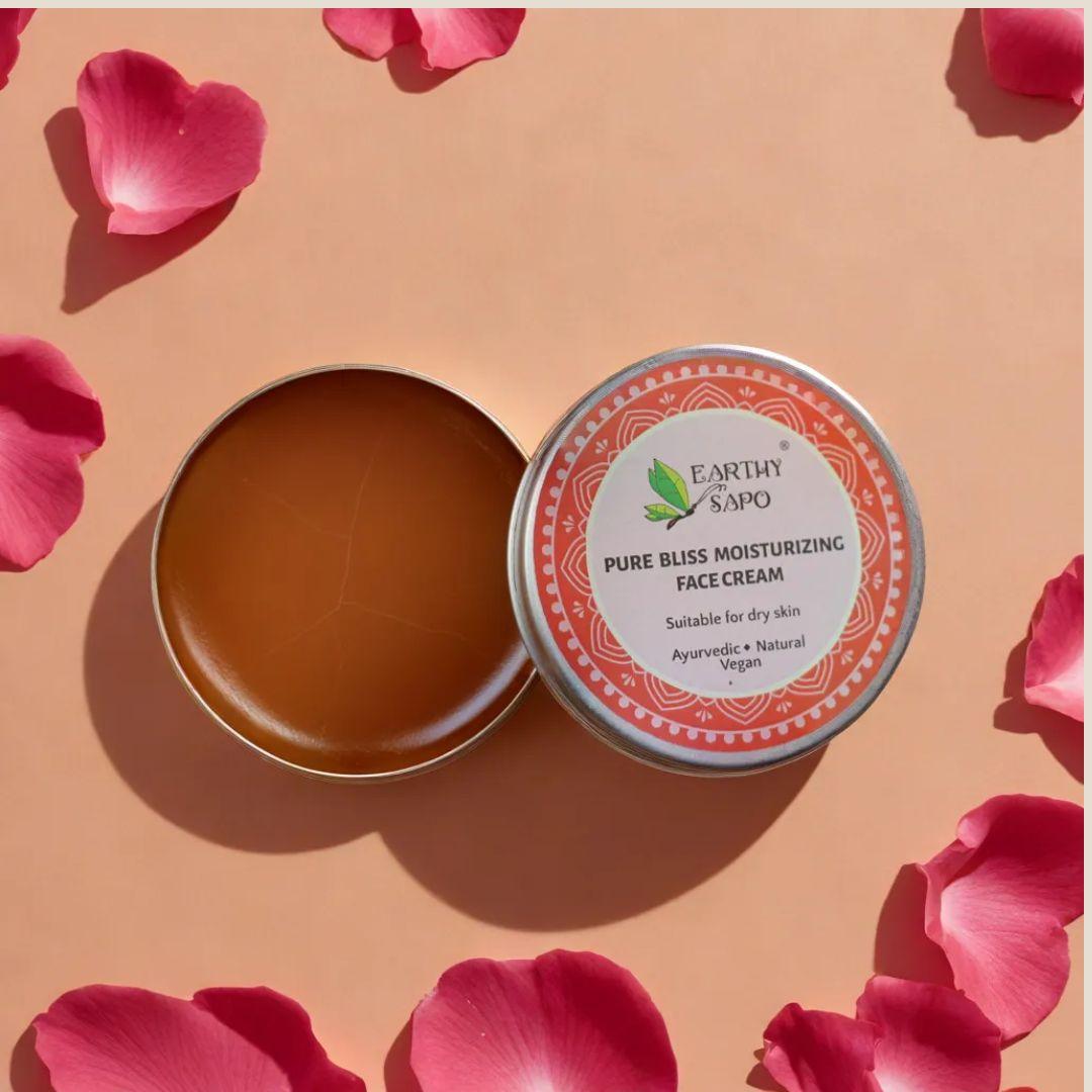 Earthy Sapo Pure Bliss Moisturizing Face Cream for dry skin with Ayurvedic herbs and cold-pressed oils.