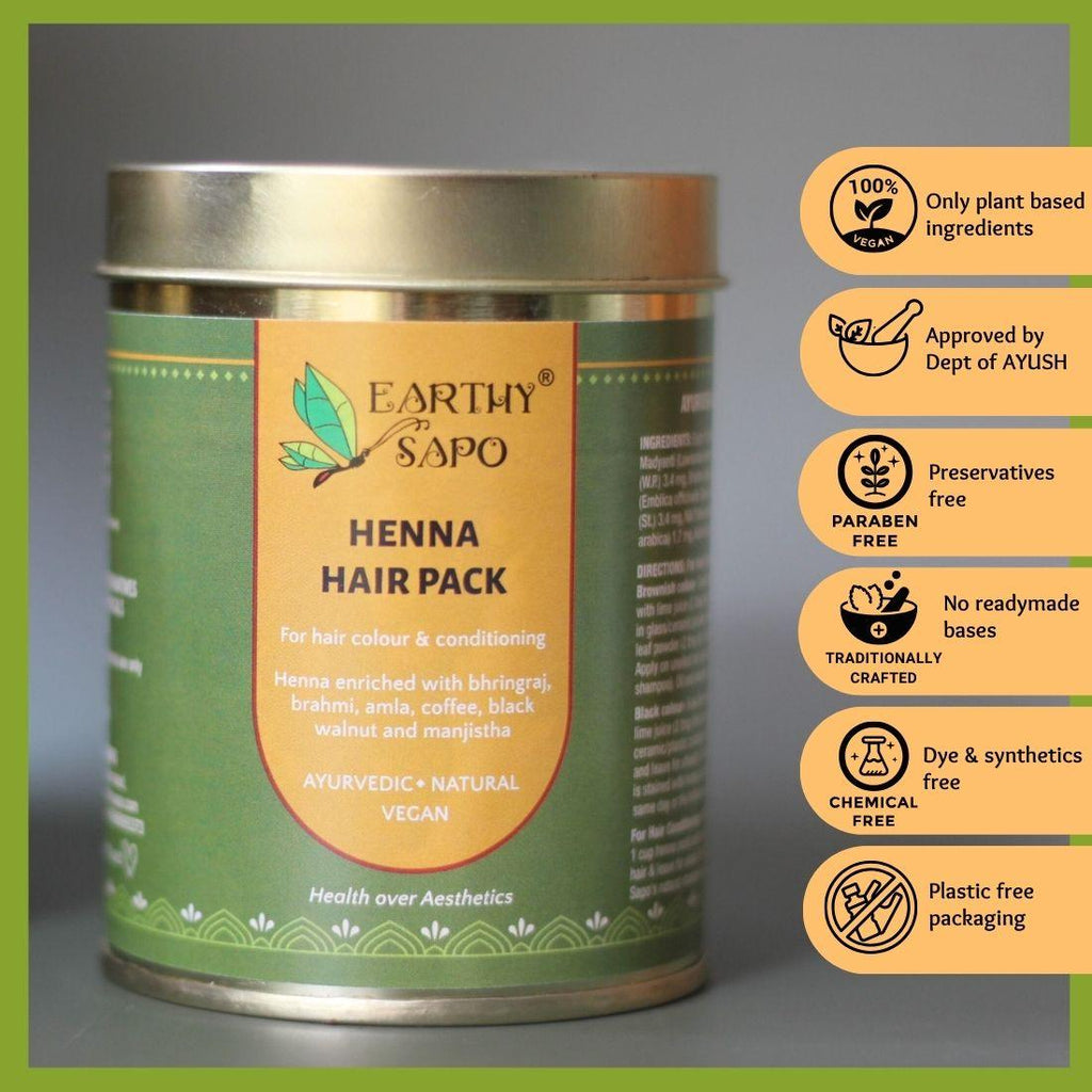 Earthy Sapo Henna Hair Pack with natural Ayurvedic ingredients for hair colouring and conditioning