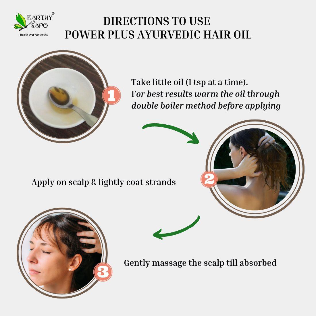 Directions to use Earthy Sapo Power Plus Ayurvedic Hair Oil for scalp and hair nourishment.