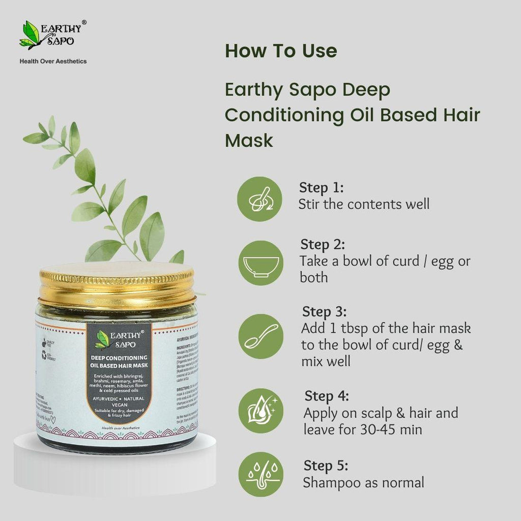 How to use Earthy Sapo Deep Conditioning Oil Based Hair Mask with five steps for mixing, applying and rinsing the Ayurvedic hair mask