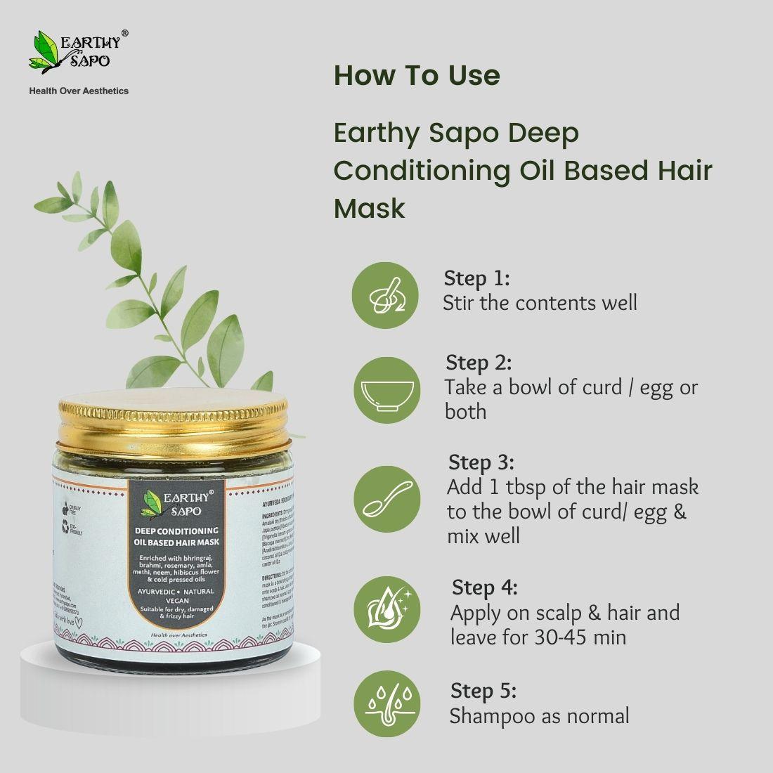 How to use Earthy Sapo Deep Conditioning Oil Based Hair Mask with five steps for mixing, applying and rinsing the Ayurvedic hair mask
