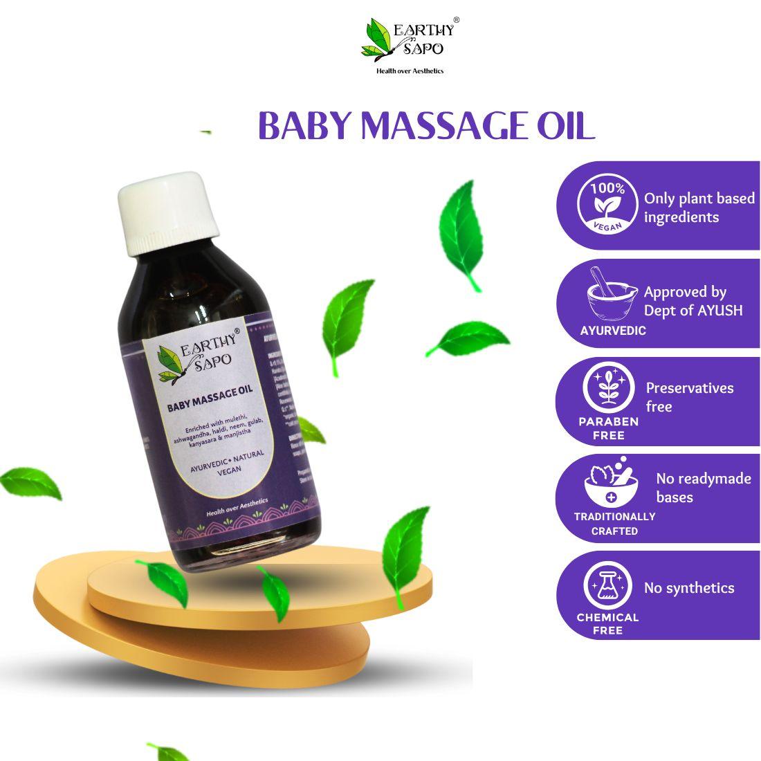 Earthy Sapo Baby Massage Oil with plant-based Ayurvedic ingredients, preservative-free and chemical-free formulation
