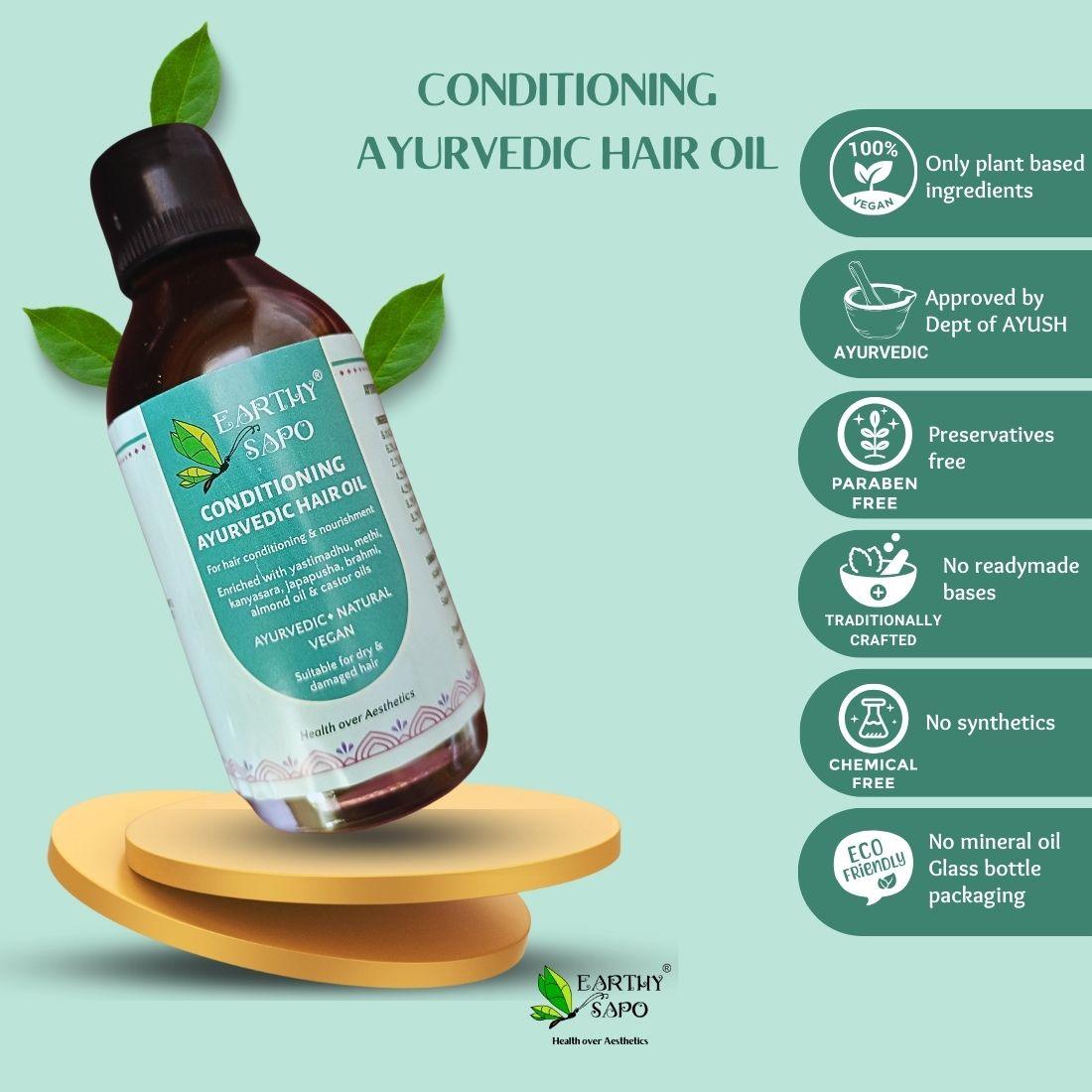 Earthy Sapo Conditioning Ayurvedic Hair Oil with vegan, Ayurvedic, preservative-free, chemical-free and eco-friendly features