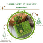 Ingredient infographic for Earthy Sapo Tulsi Freshness Bathing Soap featuring tulsi (basil) and basil, frankincense, and pine essential oils.