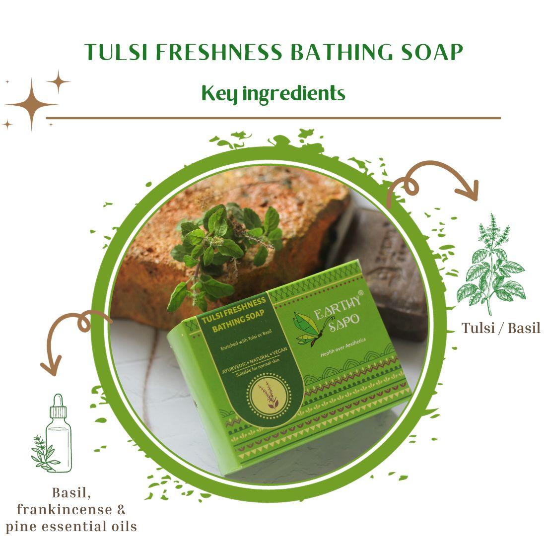 Ingredient infographic for Earthy Sapo Tulsi Freshness Bathing Soap featuring tulsi (basil) and basil, frankincense, and pine essential oils.