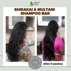 Earthy Sapo Shikakai & Multani Shampoo Bar before and after 6 washes showing smoother-looking hair.