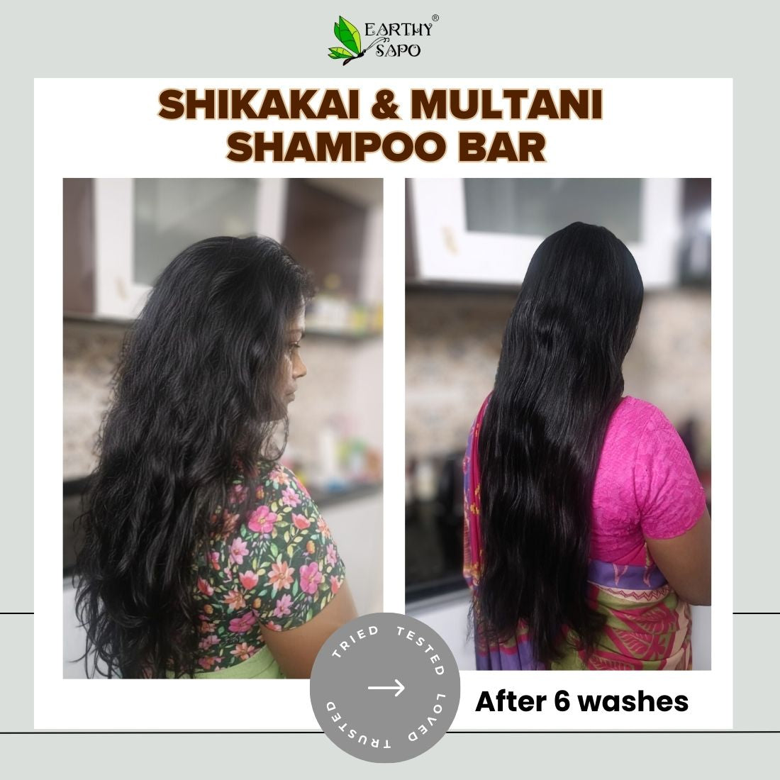 Earthy Sapo Shikakai & Multani Shampoo Bar before and after 6 washes showing smoother-looking hair.