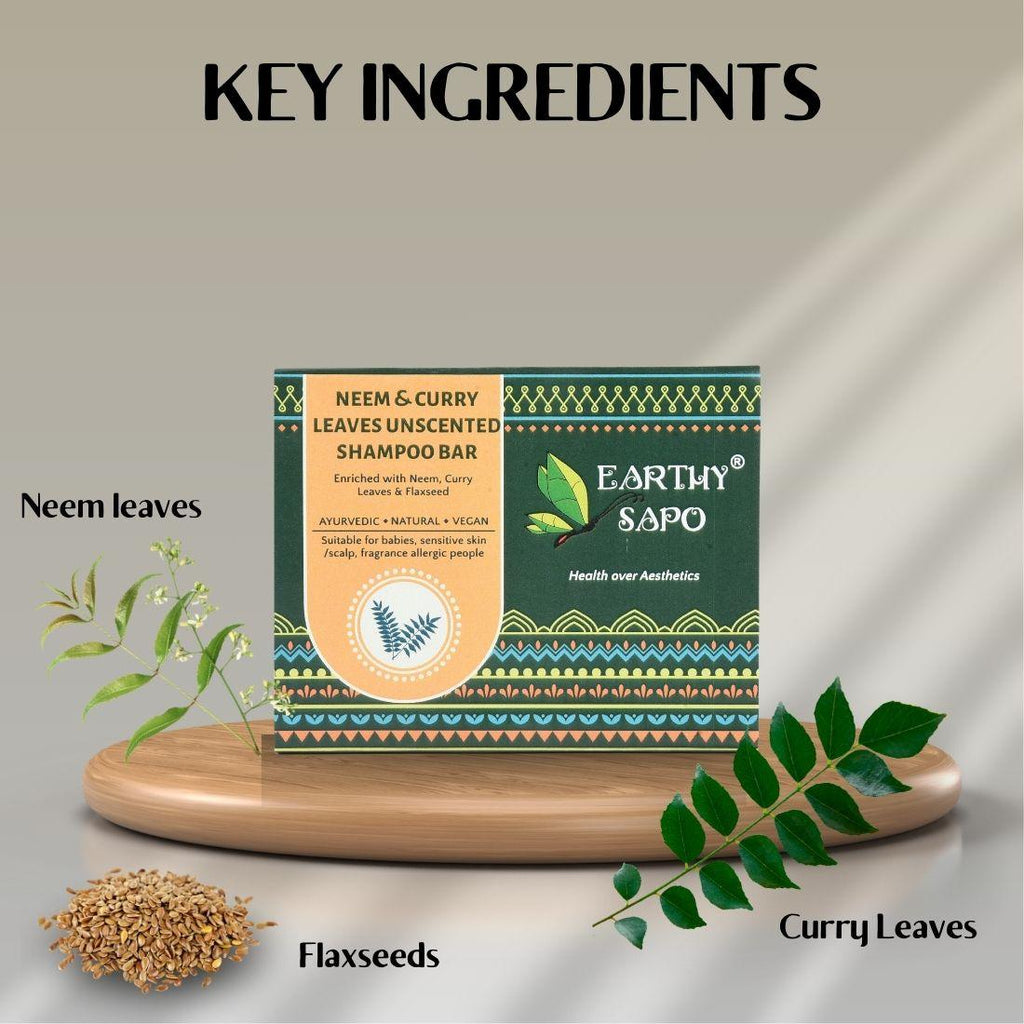 Earthy Sapo Neem & Curry Leaves Unscented Shampoo Bar with Neem, Curry Leaves and Flaxseeds