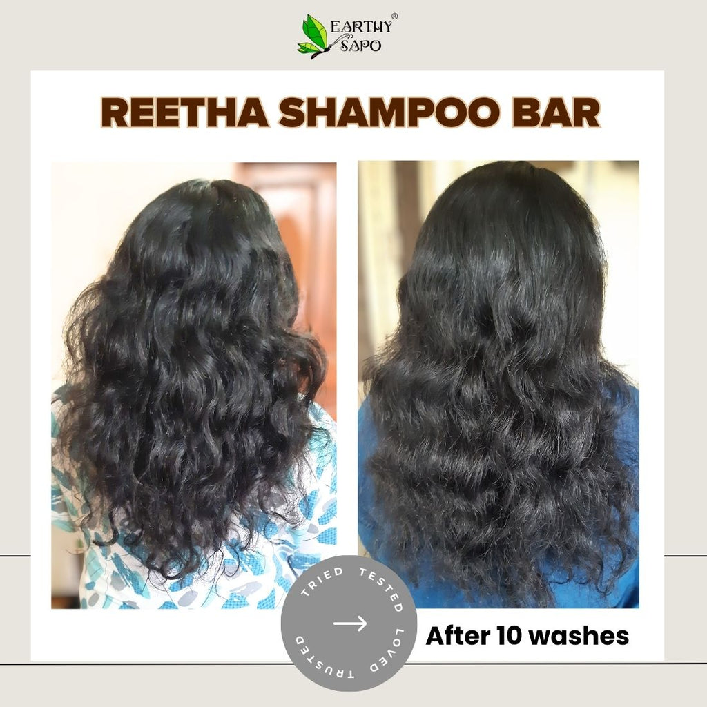 Earthy Sapo Reetha Shampoo Bar before and after 10 washes for softer, smoother-looking hair.
