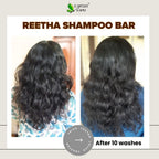 Earthy Sapo Reetha Shampoo Bar before and after 10 washes for softer, smoother-looking hair.