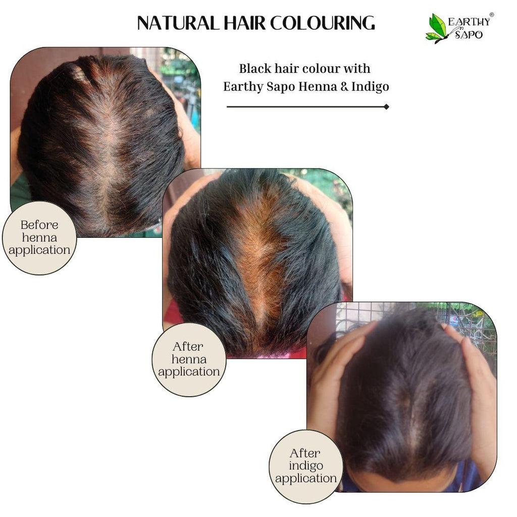 Earthy Sapo Henna and Indigo natural hair colouring before and after application