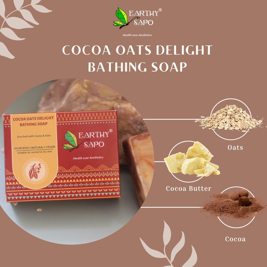 Earthy Sapo Cocoa Oats Delight Bathing Soap enriched with oats, cocoa butter and cocoa for gentle cleansing and moisturizing