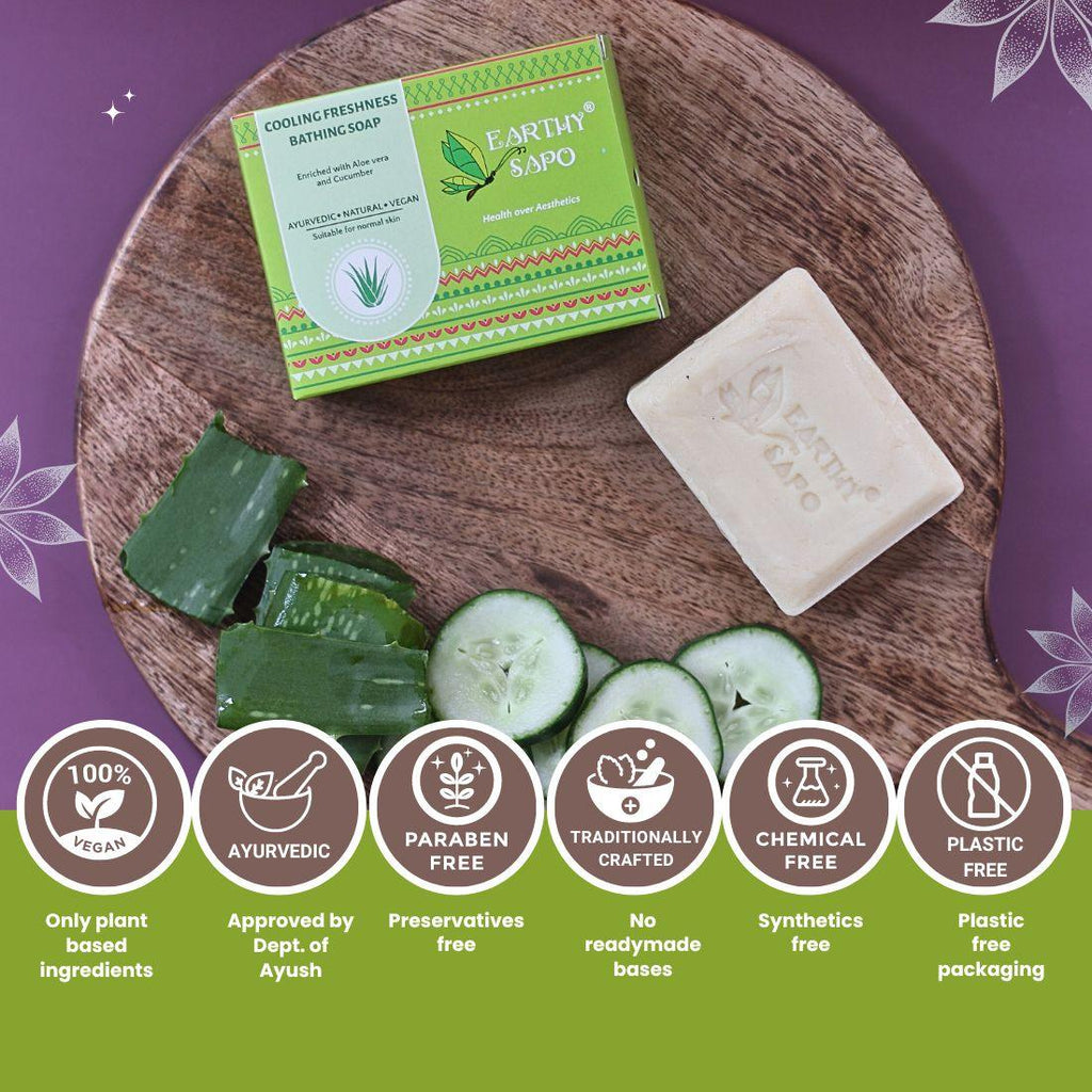 Earthy Sapo Cooling Freshness Bathing Soap with aloe vera and cucumber, featuring vegan, Ayurvedic, preservative-free, chemical-free and plastic-free benefits
