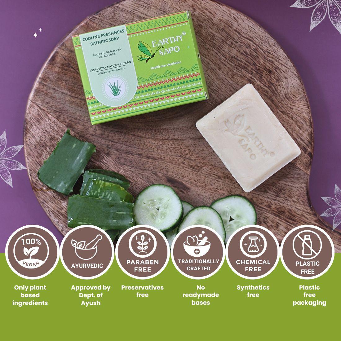 Earthy Sapo Cooling Freshness Bathing Soap with aloe vera and cucumber, featuring vegan, Ayurvedic, preservative-free, chemical-free and plastic-free benefits