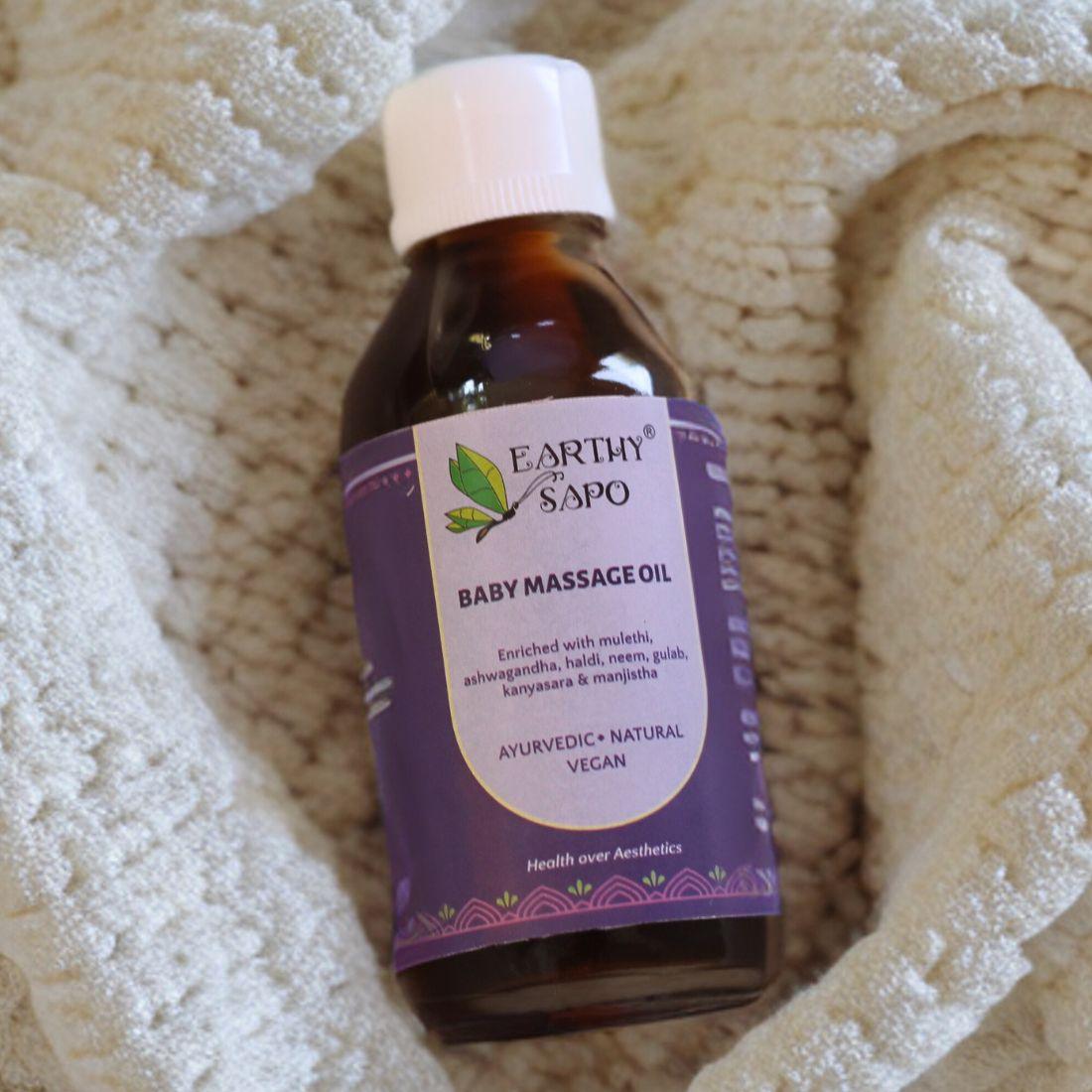 Earthy Sapo Baby Massage Oil with Ayurvedic herbs and cold-pressed sesame and coconut oils for gentle baby skin care
