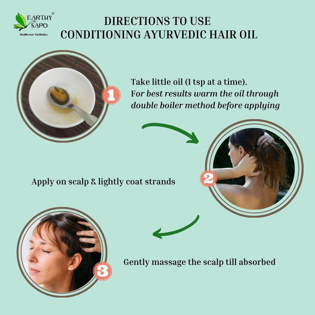 How to use Earthy Sapo Conditioning Ayurvedic Hair Oil with steps for warming, applying, and massaging the oil into the scalp