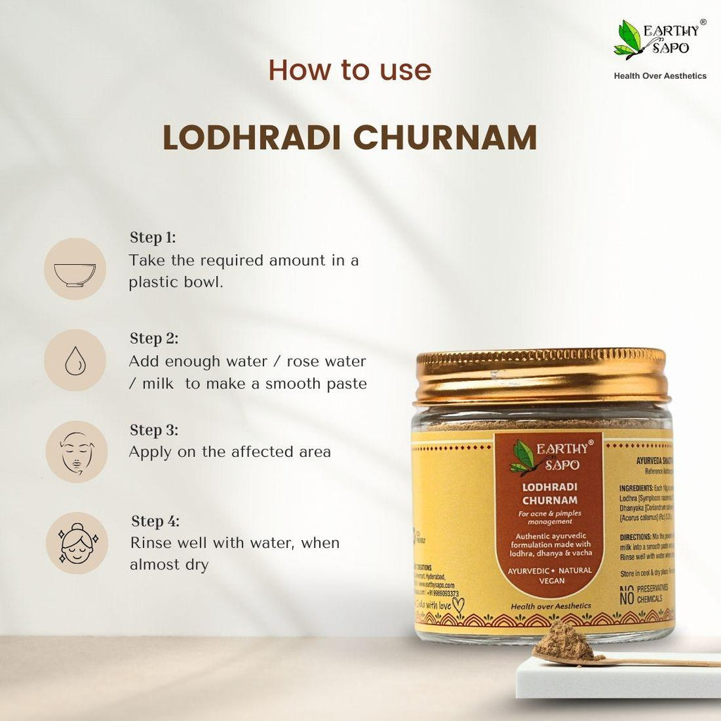 How to use Earthy Sapo Lodhradi Churnam by mixing with water, rose water or milk and applying to affected skin