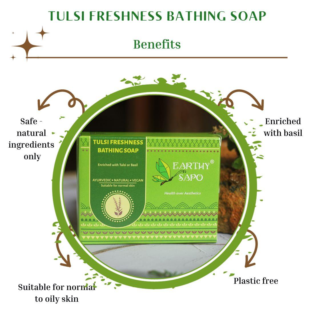 Benefits infographic for Earthy Sapo Tulsi Freshness Bathing Soap highlighting its natural ingredients, basil enrichment, plastic-free packaging, and suitability for normal to oily skin.