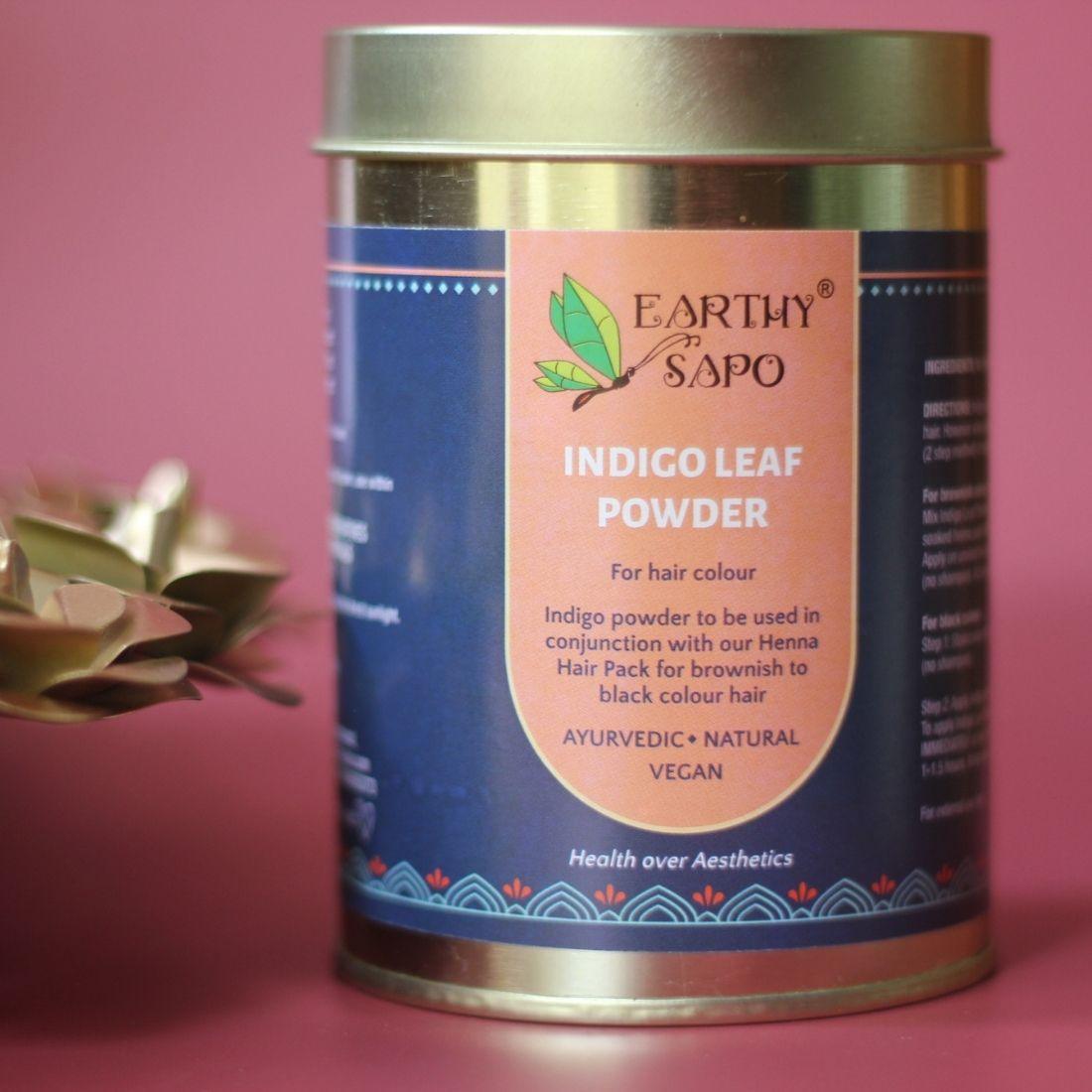 Earthy Sapo Indigo Leaf Powder for natural brown to deep black hair colour when used with henna