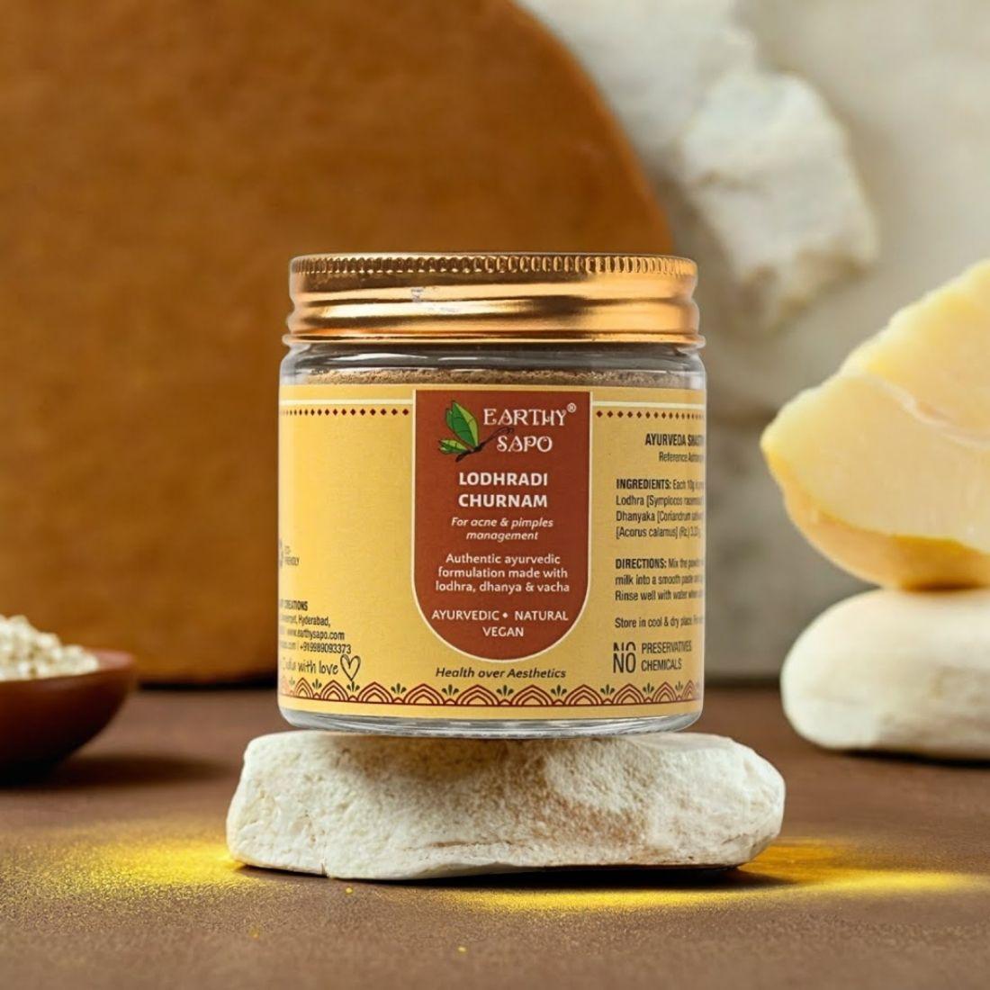 Earthy Sapo Lodhradi Churnam Ayurvedic herbal powder for pimples and acne-prone skin