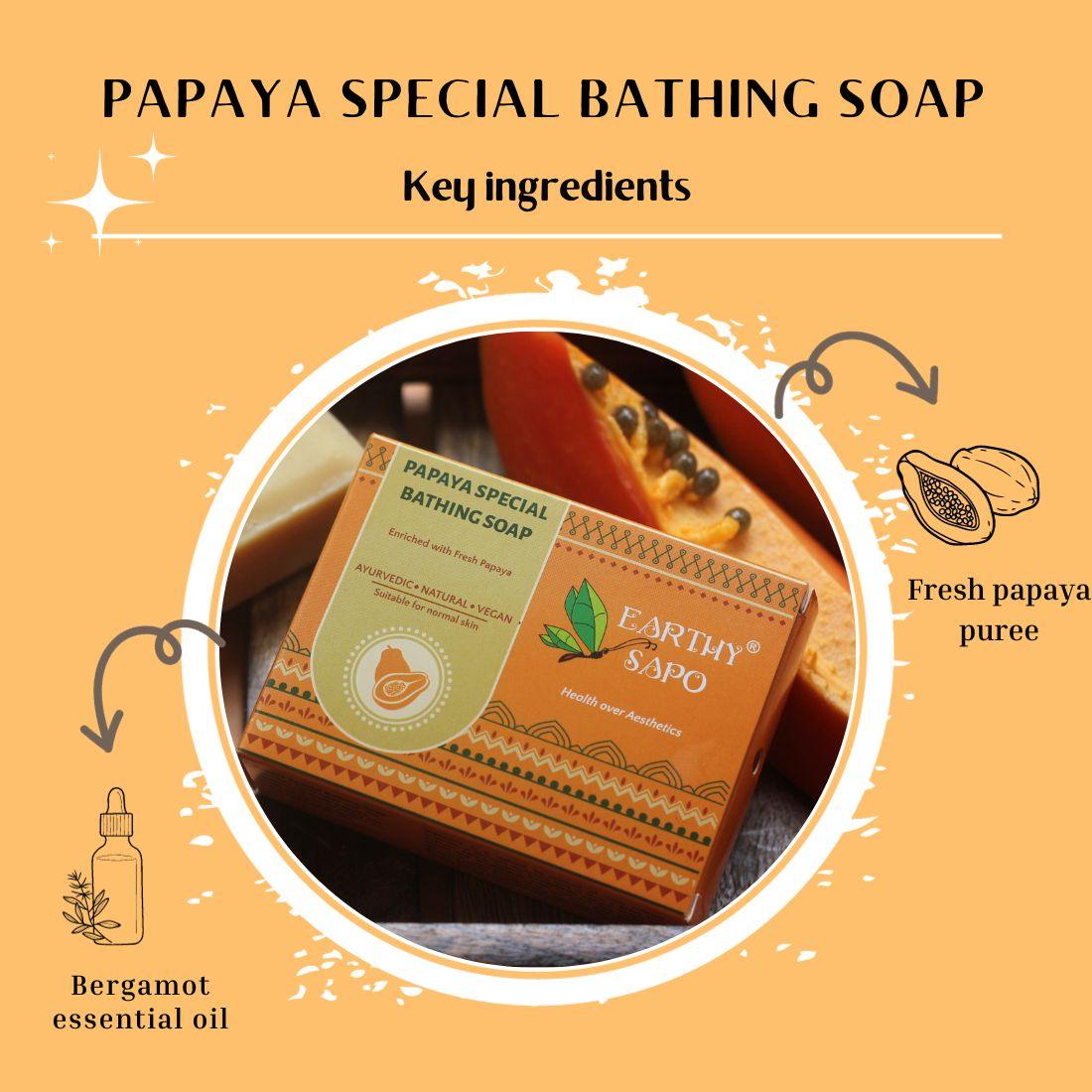 Earthy Sapo Papaya Special Bathing Soap with fresh papaya puree and bergamot essential oil.