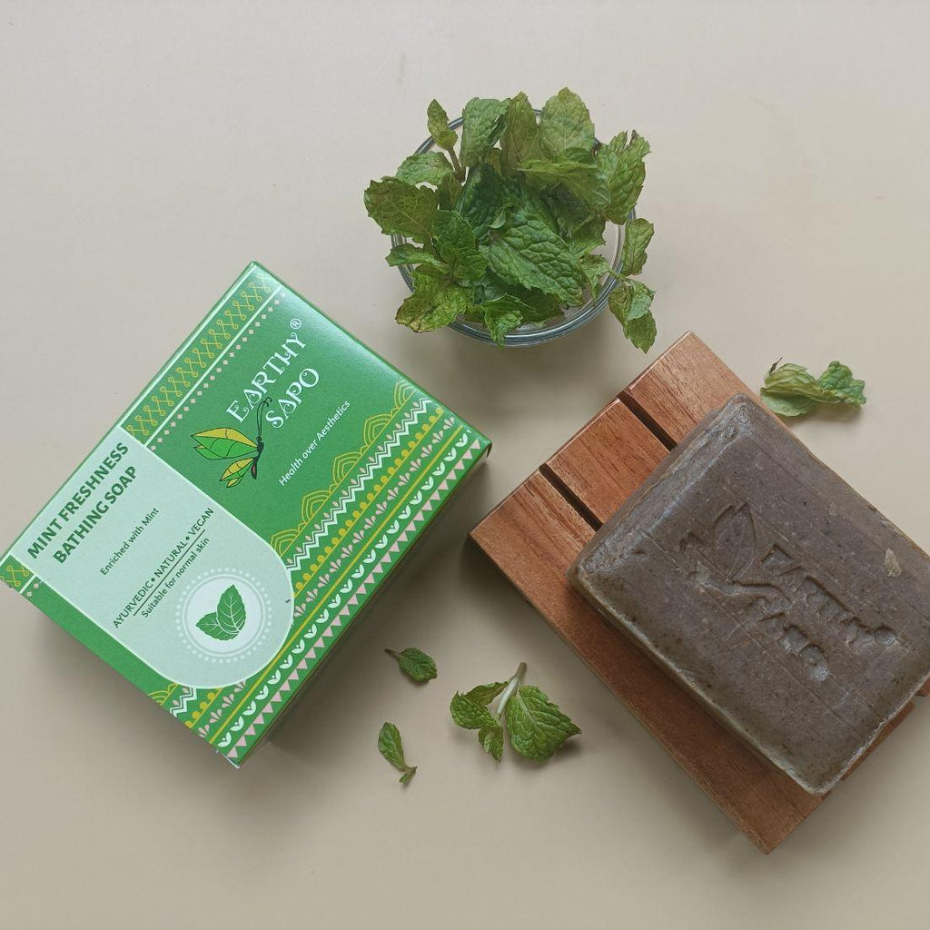 Earthy Sapo Mint Freshness Bathing Soap with fresh mint leaves