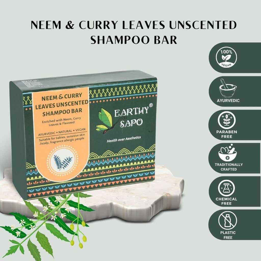 Earthy Sapo Neem & Curry Leaves Unscented Shampoo Bar – Ayurvedic, Vegan and Plastic-Free