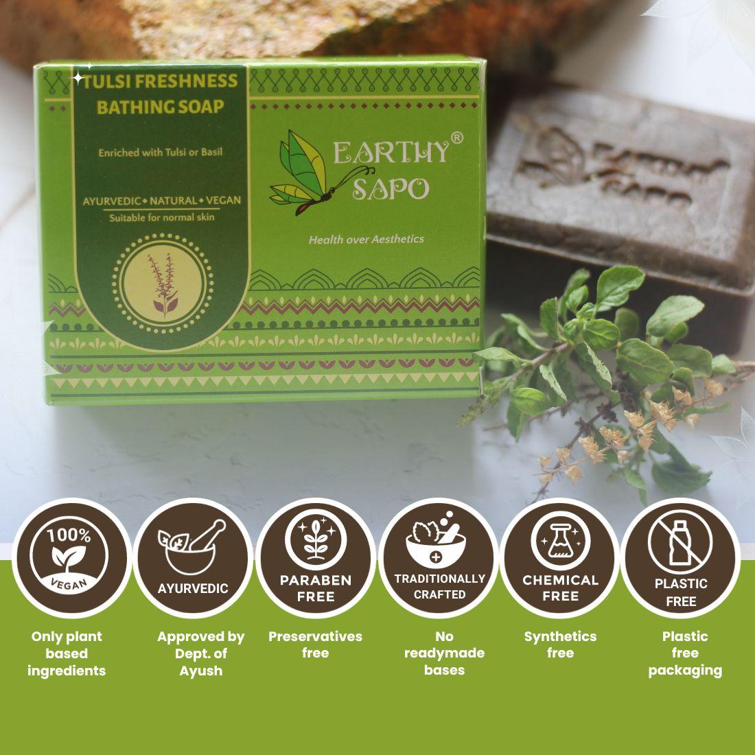 Feature infographic for Earthy Sapo Tulsi Freshness Bathing Soap highlighting its plant-based, Ayurvedic, preservative-free, chemical-free, traditionally crafted, and plastic-free formulation.