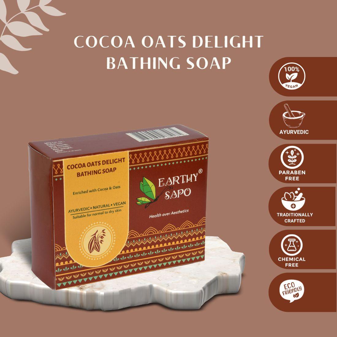 Earthy Sapo Cocoa Oats Delight Bathing Soap benefits with natural oats, cocoa and cocoa butter for moisturizing and soothing normal to dry skin