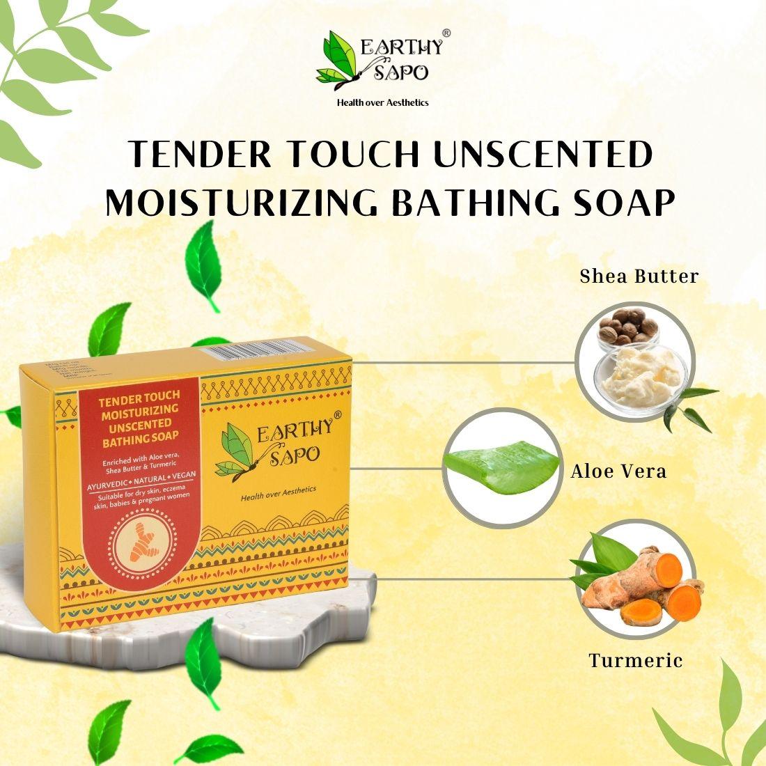 Earthy Sapo Tender Touch Unscented Moisturizing Bathing Soap with aloe vera, shea butter and turmeric for dry and sensitive skin.