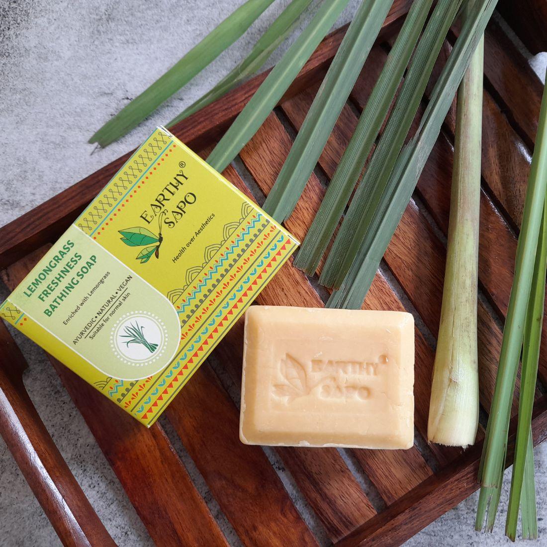 Earthy Sapo Lemongrass Freshness Bathing Soap with fresh lemongrass juice for cleansing and refreshing normal skin