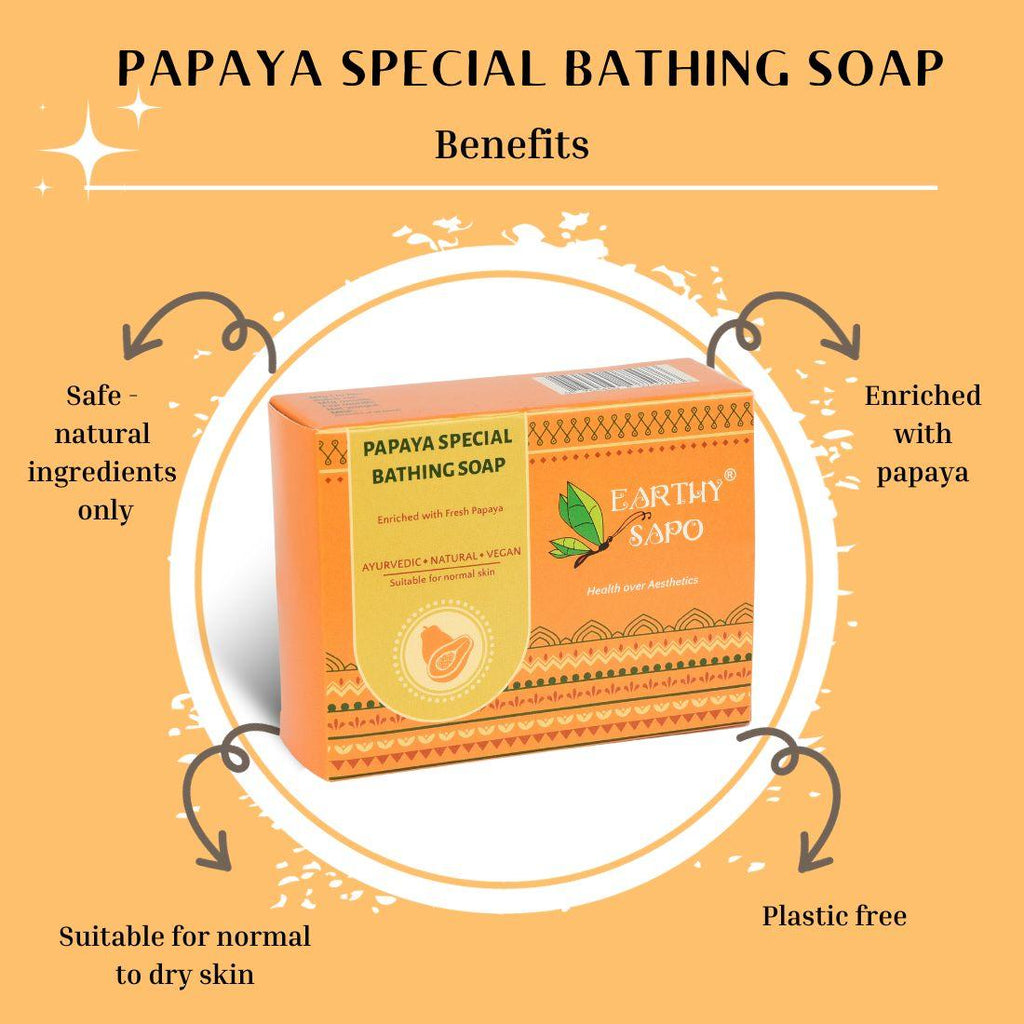 Earthy Sapo Papaya Special Bathing Soap enriched with papaya, natural ingredients and plastic-free packaging for normal to dry skin.