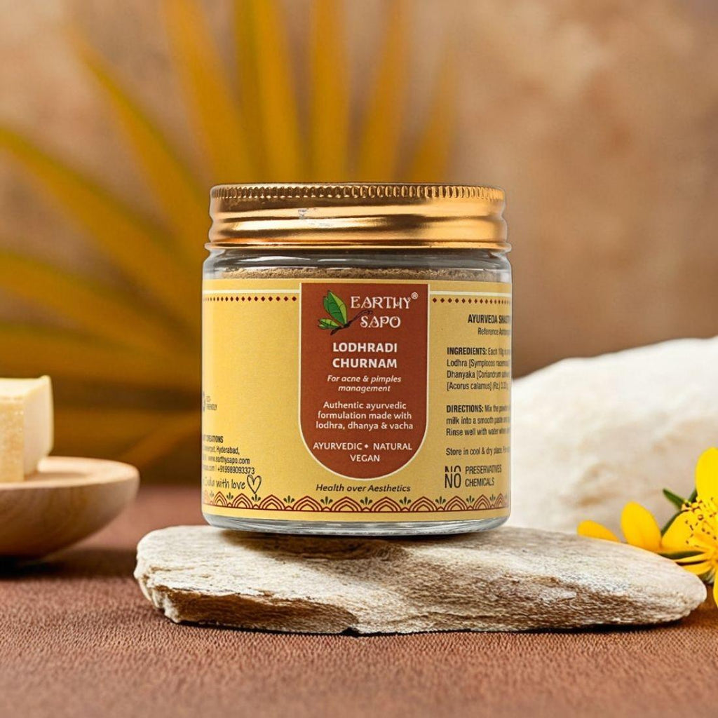 Earthy Sapo Lodhradi Churnam benefits for acne, pimples, wound healing and skin wellness