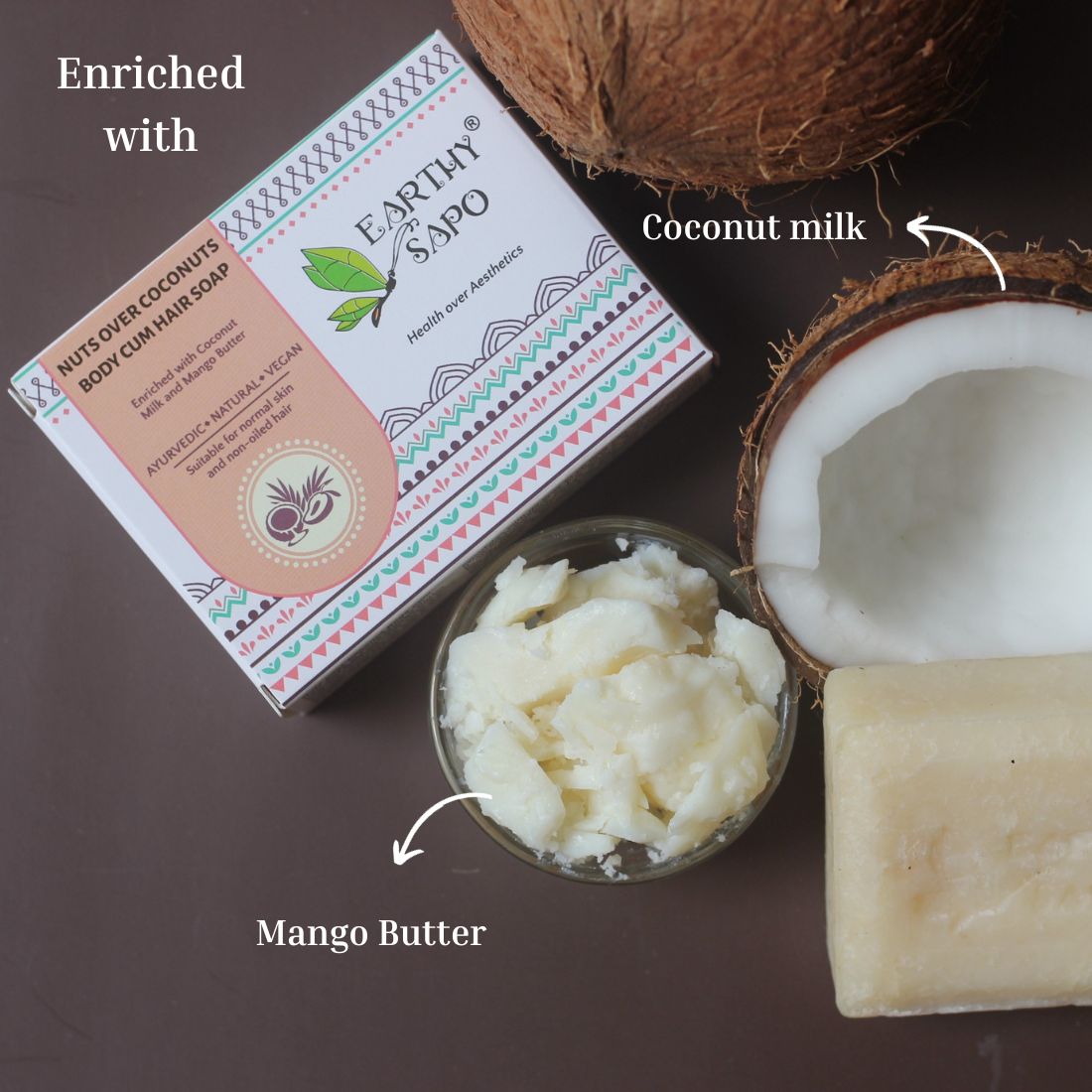 Earthy Sapo Nuts Over Coconuts Body & Hair Soap enriched with coconut milk and mango butter for natural hair and skin care.