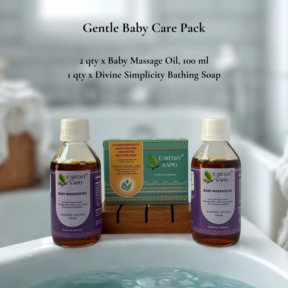 Earthy Sapo Gentle Baby Care Pack with two 100 ml Baby Massage Oil bottles and one Divine Simplicity Moisturizing Unscented Bathing Soap