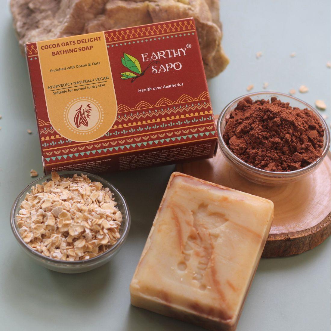 Earthy Sapo Cocoa Oats Delight Bathing Soap with cocoa powder, cocoa butter and oats for moisturizing and soothing normal to dry skin
